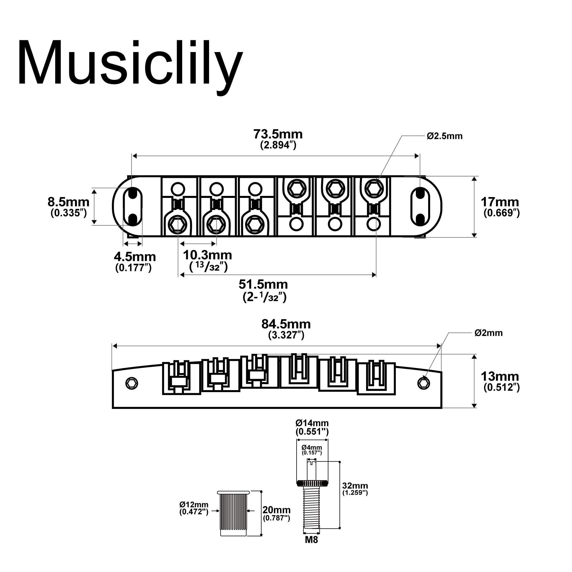 Musiclily Blokowany Mostek Rolkowy Tune-o-matic do Gitary Elektrycznej Typu Les Paul, Czarny