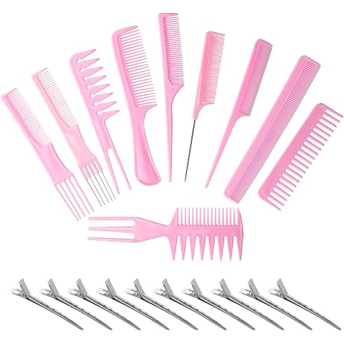Vebiys Magic 10 piece professional styling comb set - Anti Static Coarse Fine Toothed Pick Combs - hair styles for women, men, girls, and boys - Suitable for stylist (Pink)