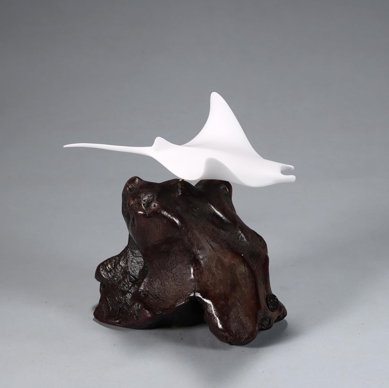 Manta Ray Sculpture by John Perry Pellucida 7in Tall on Polished burlwood Base. Signed.