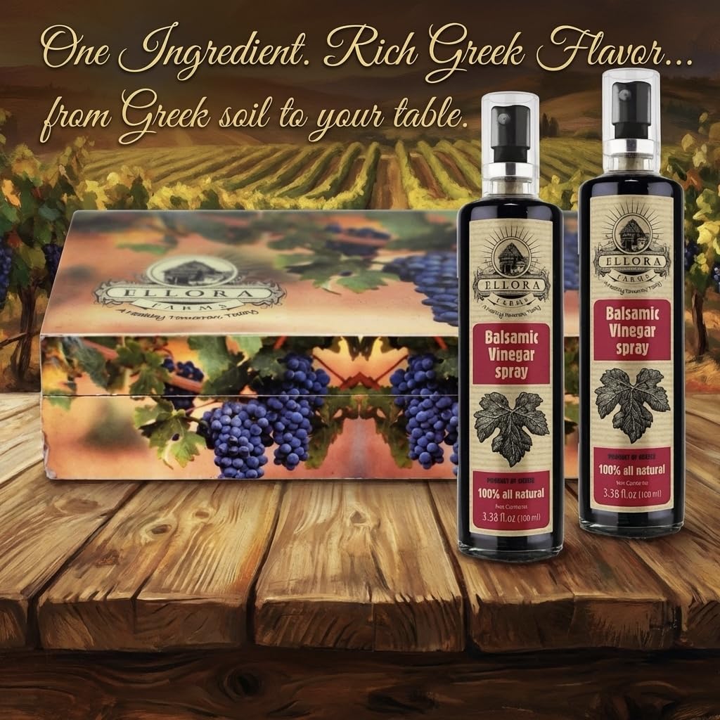 Ellora Farms, Balsamic Vinegar Spray bottle, clog-free pump, barrel aged, Greece, 3.38 oz X 2 Glass bottles in Handcrafted Wooden Gift Box