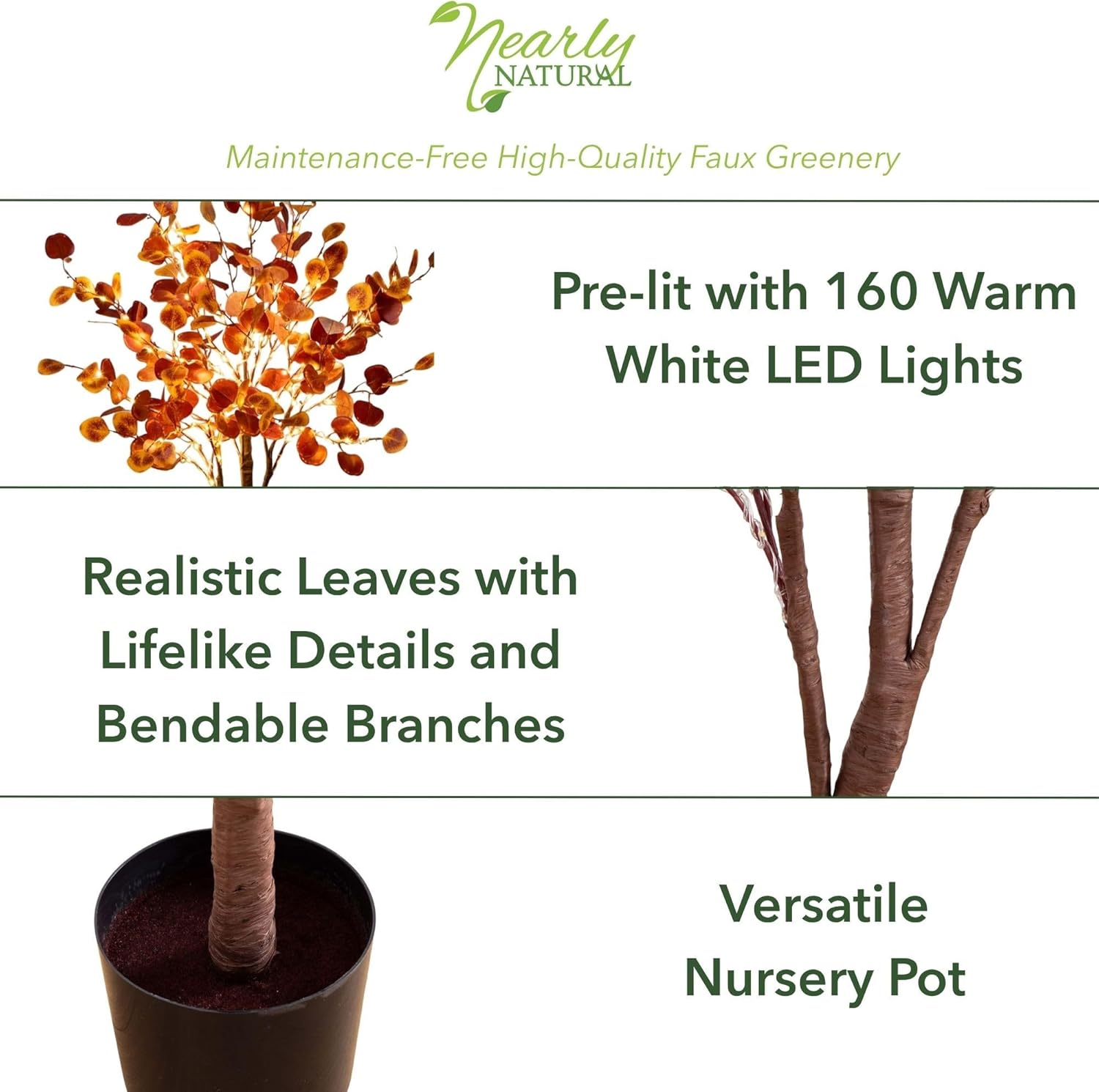 nearly natural 4-ft pre-lit artificial autumn eucalyptus tree with 160 warm white led lights, faux eucalyptus tree with fall colors for home & office décor in black nursery planter