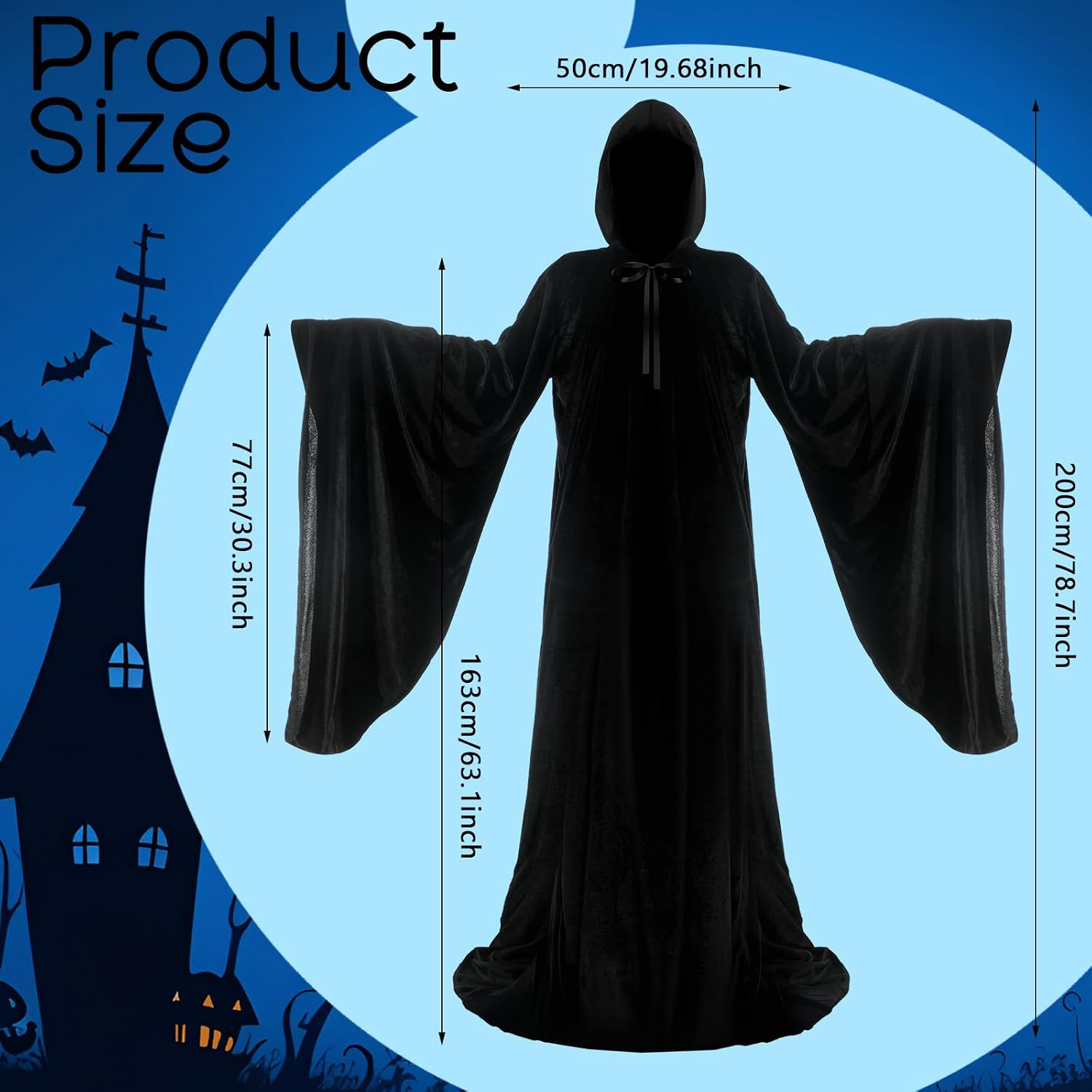 Tarpop 63 Inch Black Velvet Wizard Robe Witch Cloak for Women Renaissance Long Halloween Hooded Black Cape for Men Halloween Cosplay Costume