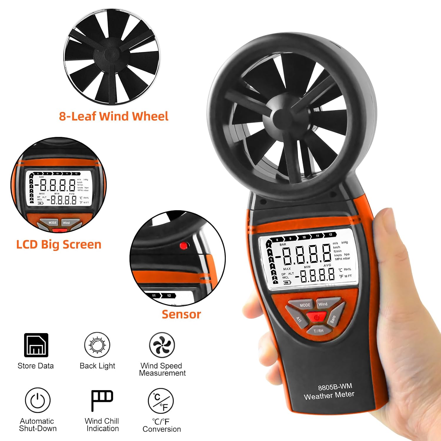 Anemometer Handheld, INFURIDER Wind Meter with Atmospheric Pressure, CFM Meter HVAC Air Flow Meter, Wind Speed Anemometer for Temp, Humidity, Altitude, Barometric Pressure