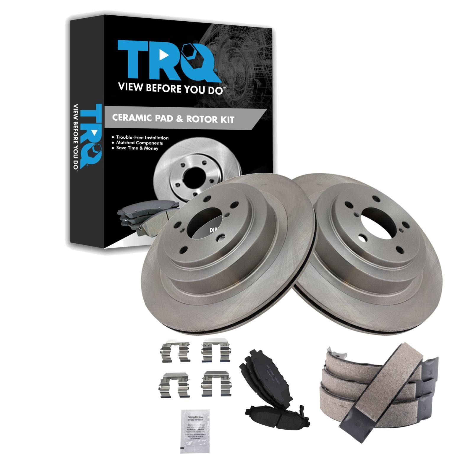 TRQ Rear Brake Pad and Rotor Set Ceramic Parking Shoe Compatible with 2008-2009 Subaru Legacy