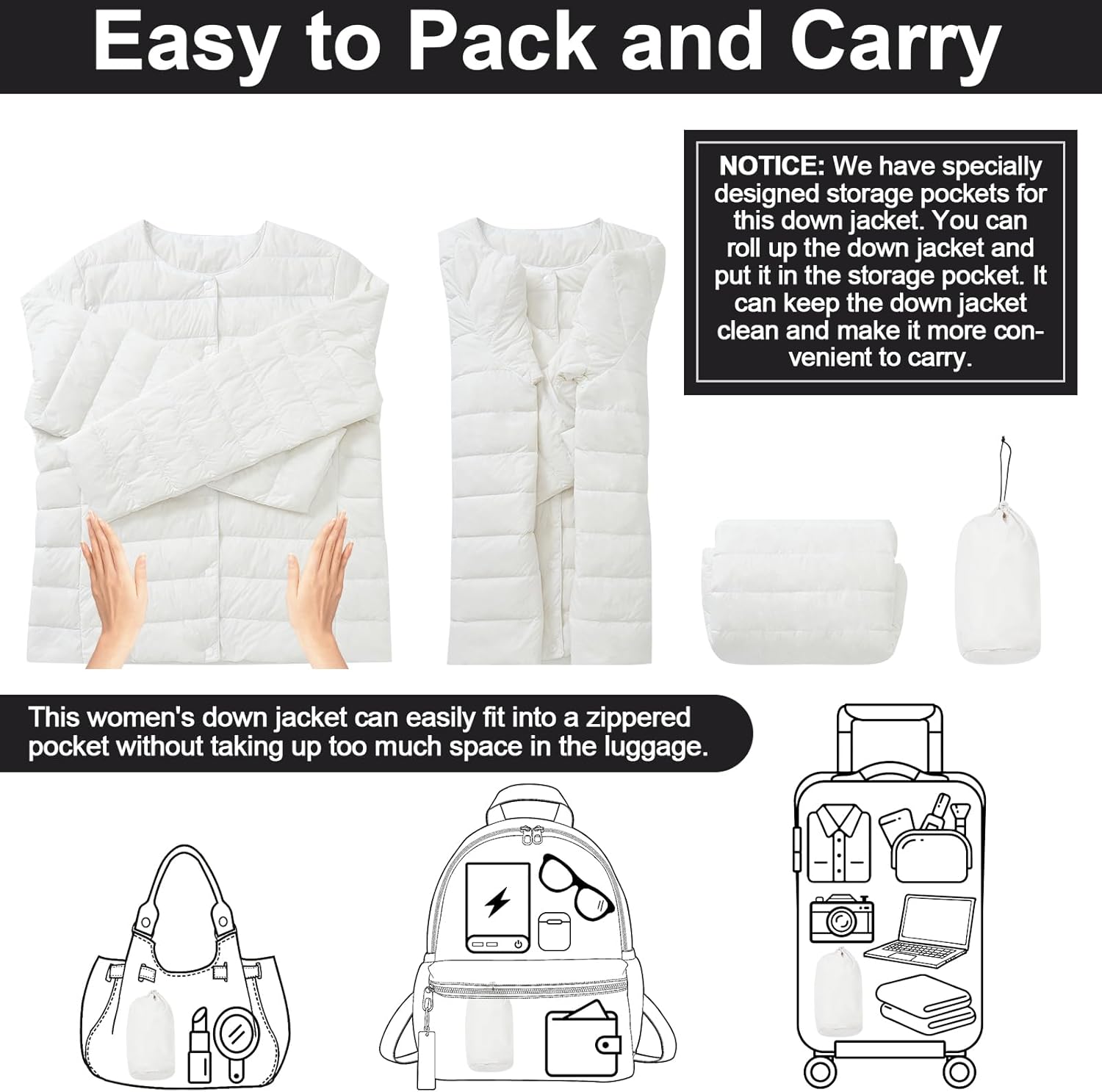 Women's Quilted Lightwight Puffer Jacket, Collarless Down Jacket Coats with Pockets, Portable Coat with Storage Bag - Image 4