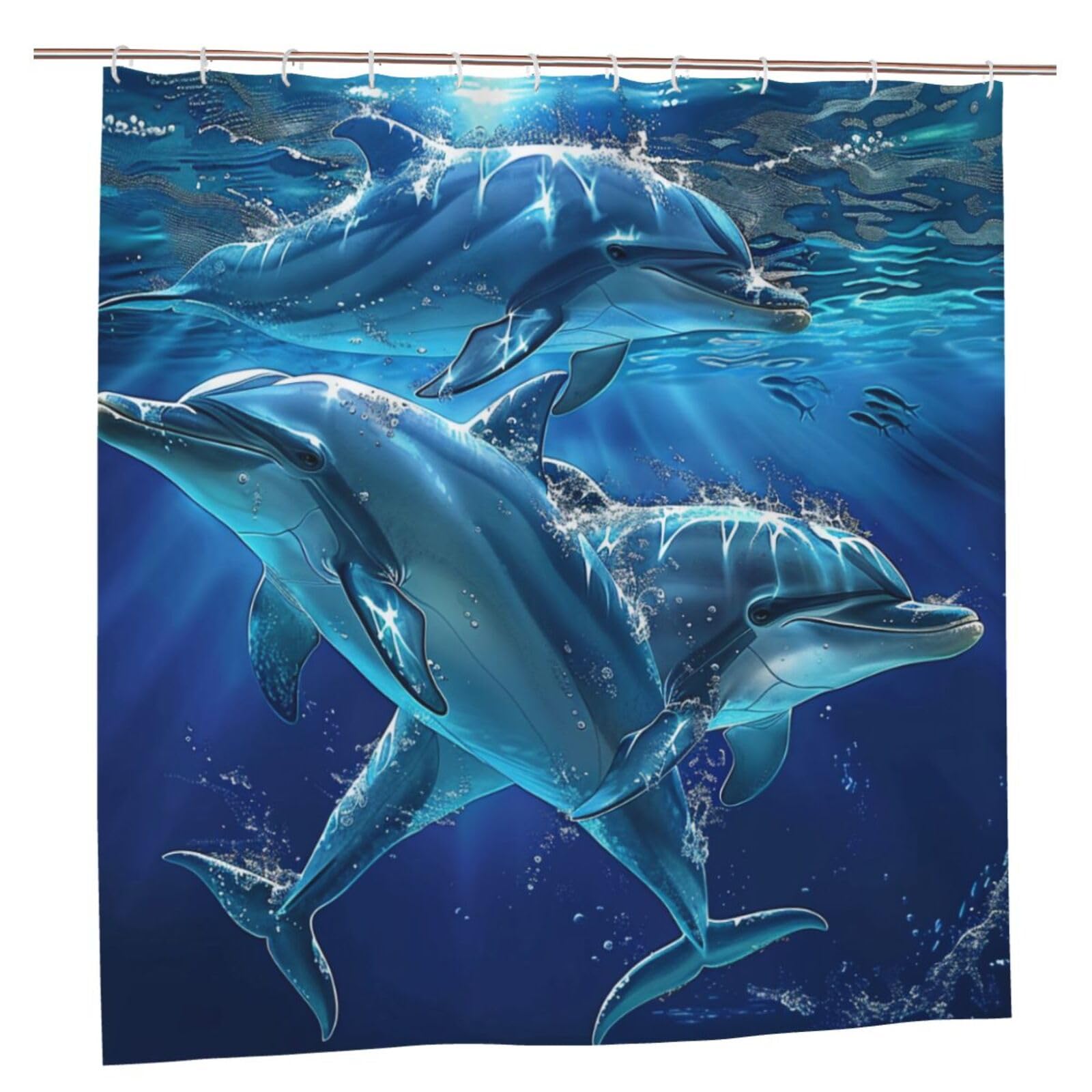 BWWHCCTI Dolphins Printed Shower Curtain With 12 Plastic Hooks Opaque Quick Drying Waterproof Shower Curtains Sets For Bathroom 183x183 CM
