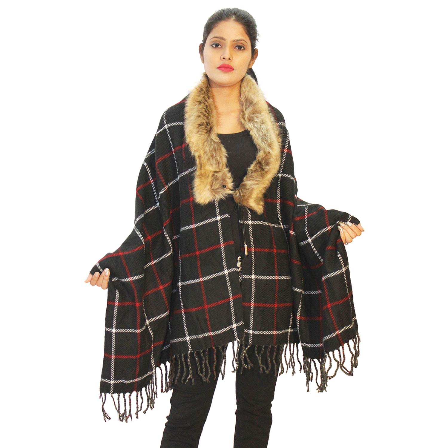 hautemoda Women's Woollen Designer Check Pattern Fur Cape Wrap (Ad06Pk15_Navy Blue_Free Size)-picture-17