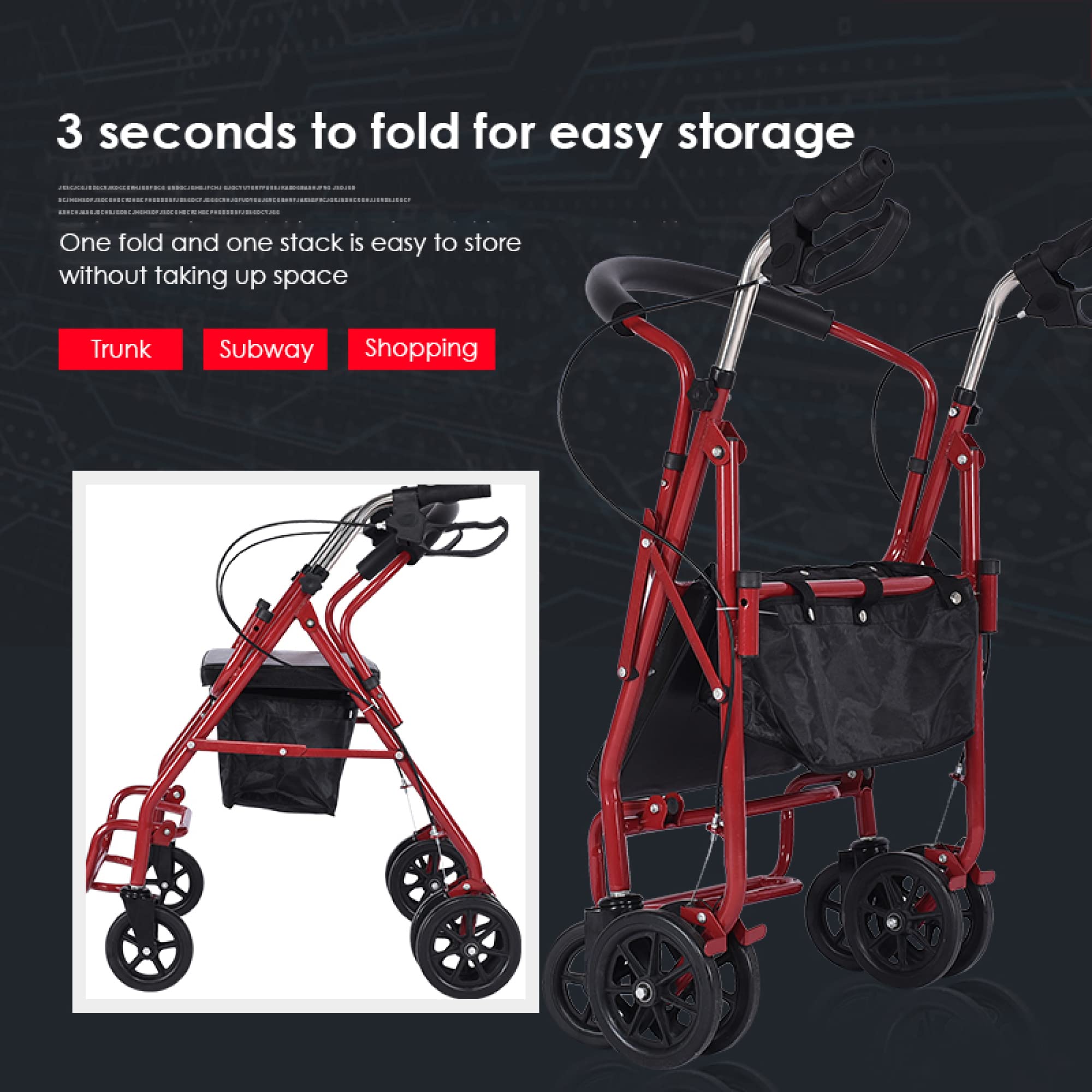Andador con ruedas con asiento y ruedas - Andador vertical ligero de 6 ruedas con bolsa de almacenamiento/altura ajustable para personas mayores, carga hasta 264 libras/Black