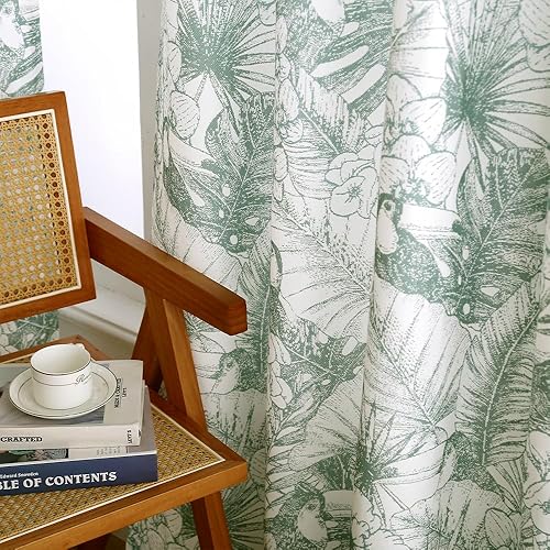 Vista 26 de Autumn Dream Cortinas opacas blancas con ojales en la parte superior, hojas pastorales de microfibra, flamenco floral, cortinas de granja para sala