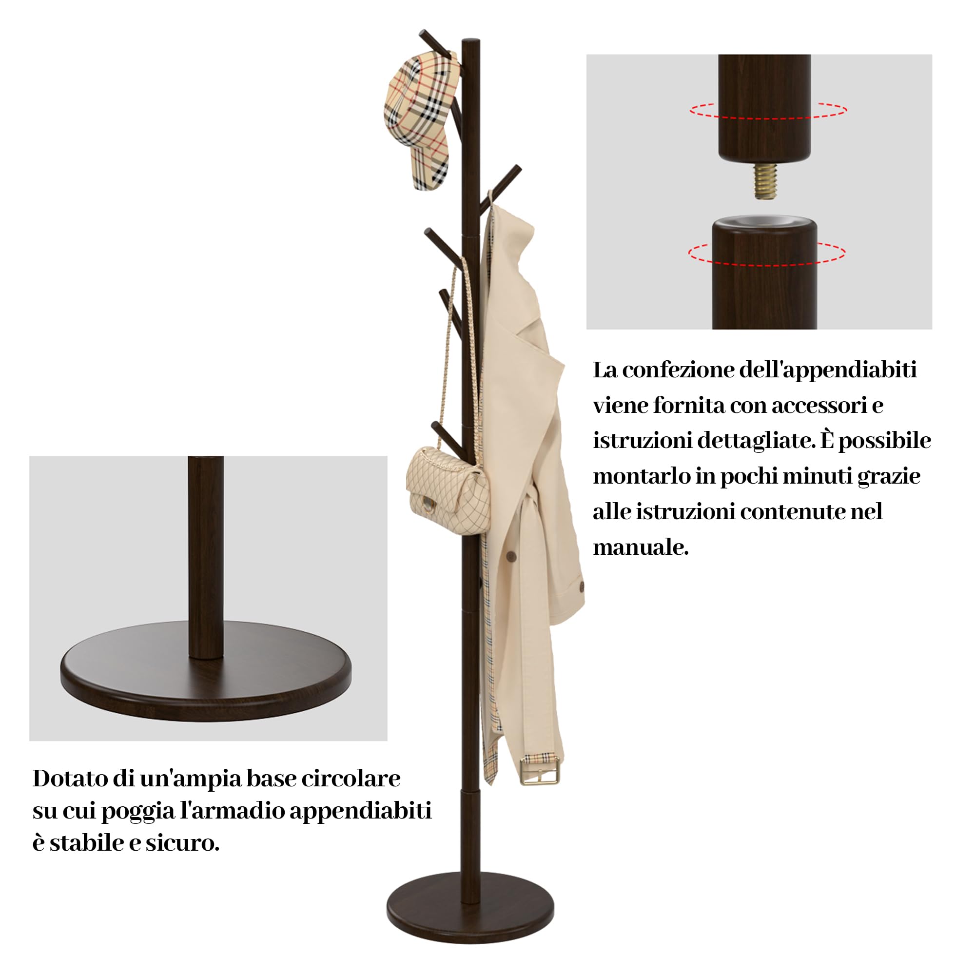 Appendiabiti da Terra, Attaccapanni in Legno, 9 Ganci, 4 Altezze Regolabili, per Ingresso, Corridoio o Camera da Letto, Appendino Salvaspazio per Cappelli, Borse, Vestiti （Caffè ）