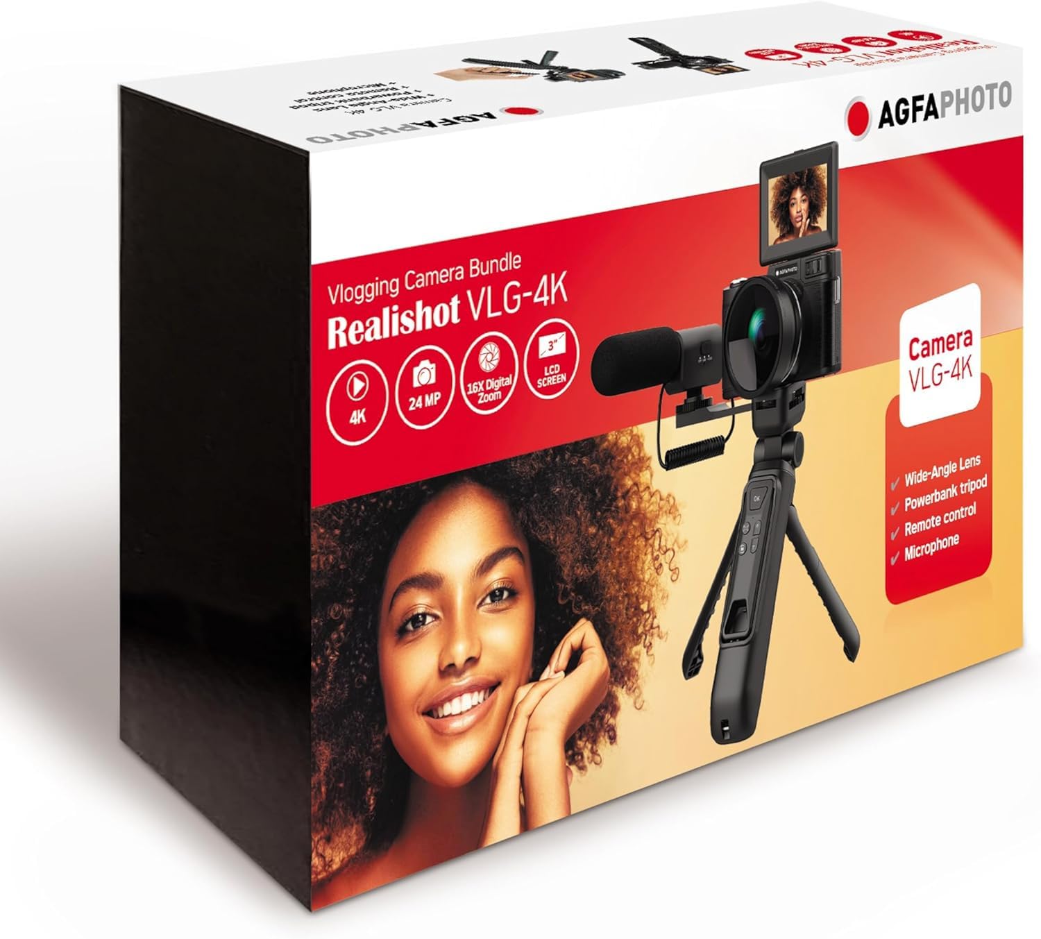 AgfaPhoto Realishot VLG-4K Kit Vlogging - Caméra 24MP, Vidéo 4K, Ecran LCD 3'', Zoom Numérique 16X, Capteur CMOS, Batterie Lithium - Noir