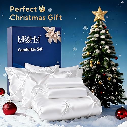 Miniatura 2 de MR&HM Edredón de satén Queen de 7 piezas  Lujoso juego de ropa de cama plisada con edredón, sábana encimera, sábana bajera, fundas de almohada y