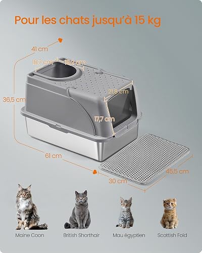Feandrea Stainless Steel Cat Litter Box with Flip Lid, XL Enclosed Litter Box with Leak-Proof Design, Scoop, Brush, Dual Entry, for Cats up to 15 kg, Dove Grey PPT005G01 - 6