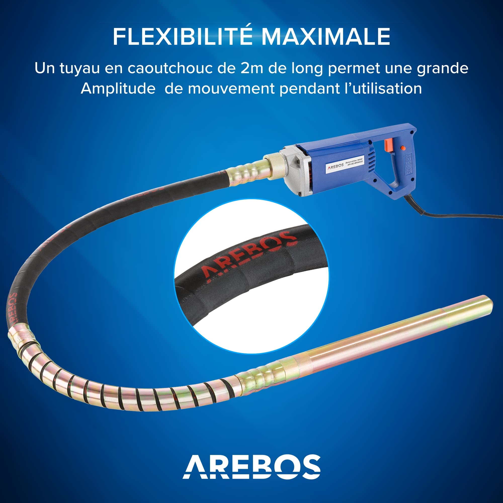 Arebos Vibrateur pour béton | 800W | Vibrateur intérieur | Vibrateur manuel | Bouteille vibrante | Vibrateur pour bouteille | Câble de 2 m | Electrique | Arbre flexible | Fonctionnement continu