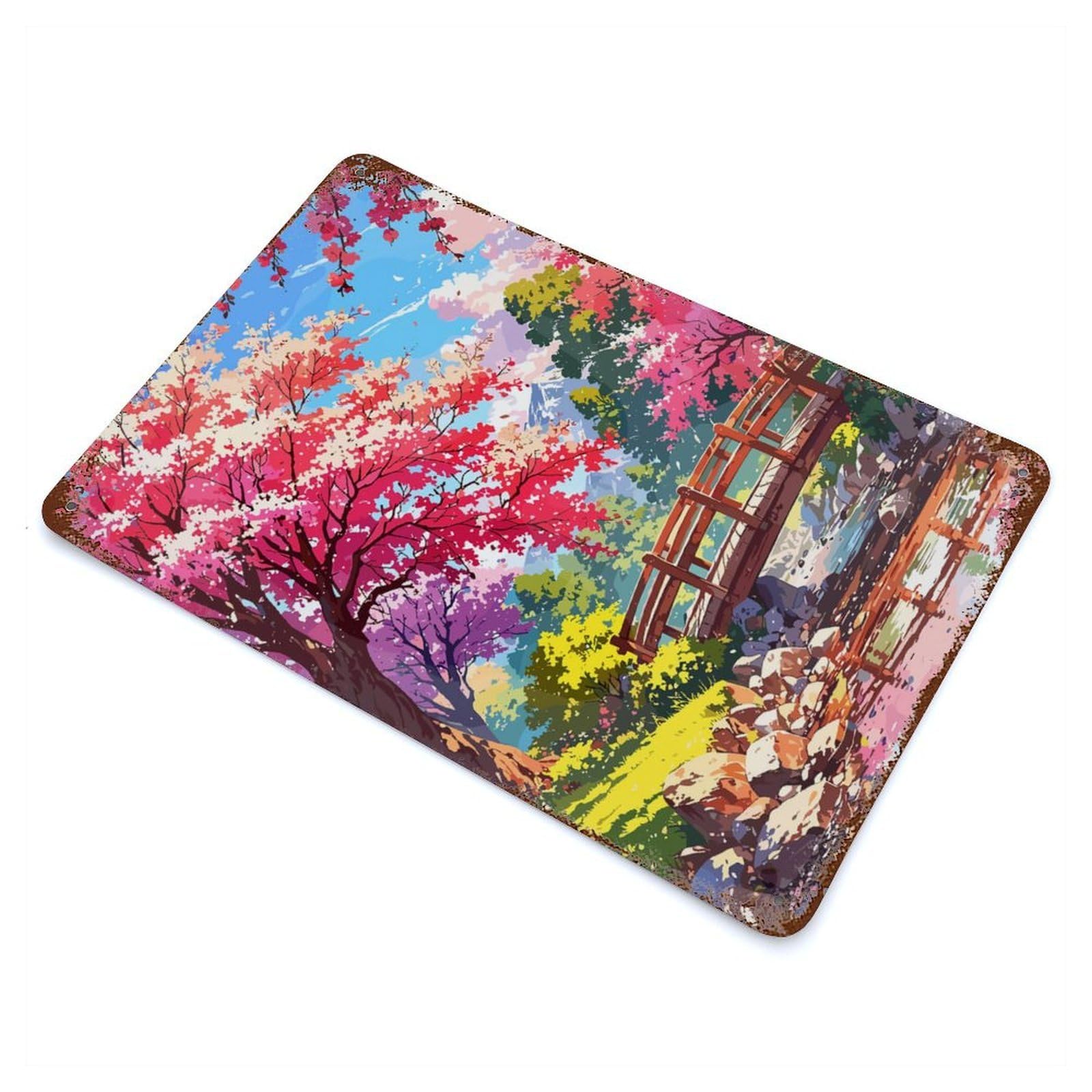 Cherry Blossom Bridge Landscape Weathered Tin Sign 11.8"x7.9", Retro Wall Decor for Pub, Kitchen And Man Cave Decor