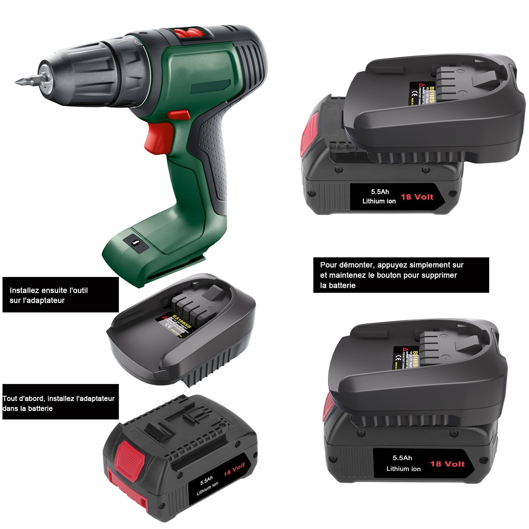BS18BS Adaptateur Convertisseur pour Bosch PBA 18V Système Outils Sans Fil Compatible GBA 18V Batterie à Remplacer PBA 18 Volt (Pas de Batterie)