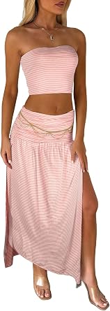Two Piece Skirt Set for Women - 2 PC Summer Beach Vacation Outfits Going Out Strapless Tube Crop Tops Boho Maxi Skirts Sets