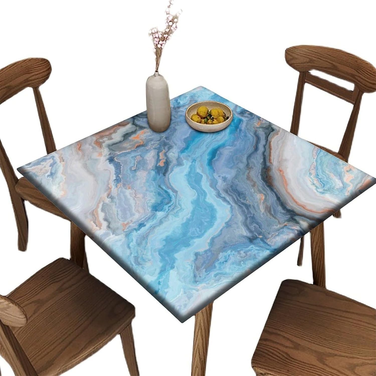 Nappe élastique anti-vent carrée fleurie bleue pour table de terrasse