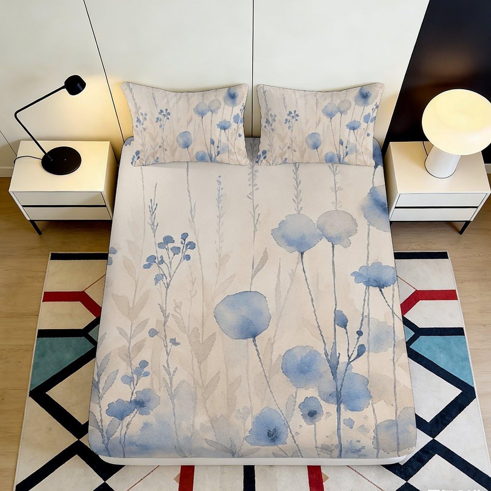 Pnayamiorkfel Style-10 3D Printed Watercolor Blue Floral Fitted Sheet Microfiber Soft Breathable Meadow Bed Cover For Bedroom Guestroom Decor 90X200x25cm