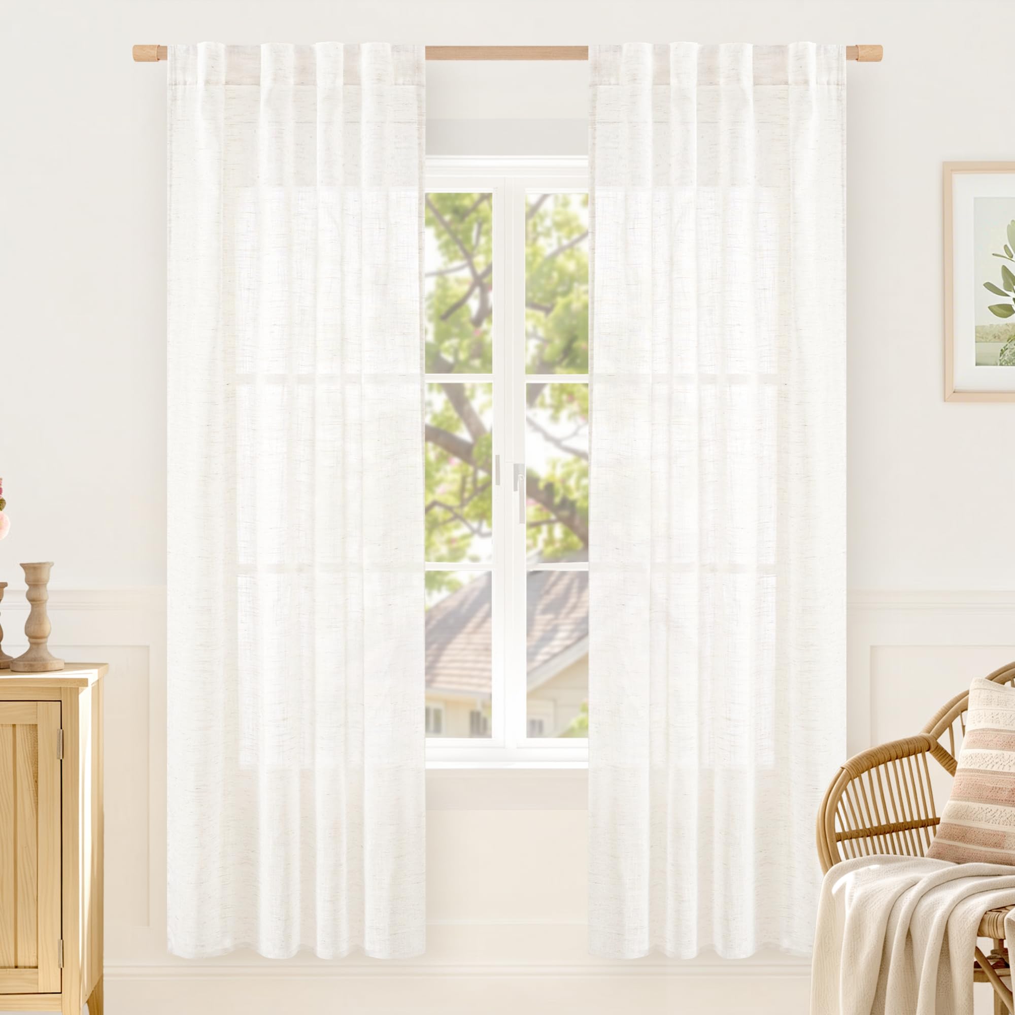 LAMIT Natural Linen Semi Sheer Curtains 84 Inches Long 2 Panels, Living Room Linen Textured Light Filtering Drapes Back Tab and Rod Pocket Neutral Window Panels for Bedroom/Sliding Door, 52 x 84 Inch — view 84
