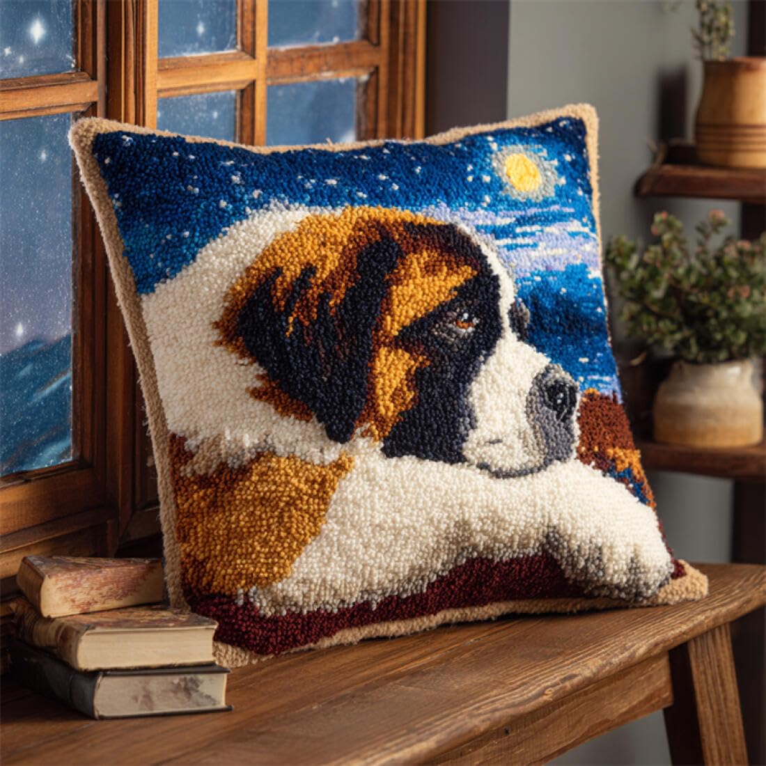 Kitquiver Animal Latch Hook Cushion Kits Saint Bernard and The Starry Sky DIY Latch Hook Kits Pillowcase Embroidery,Knitting,Gift for Adults/Beginners 17x17In