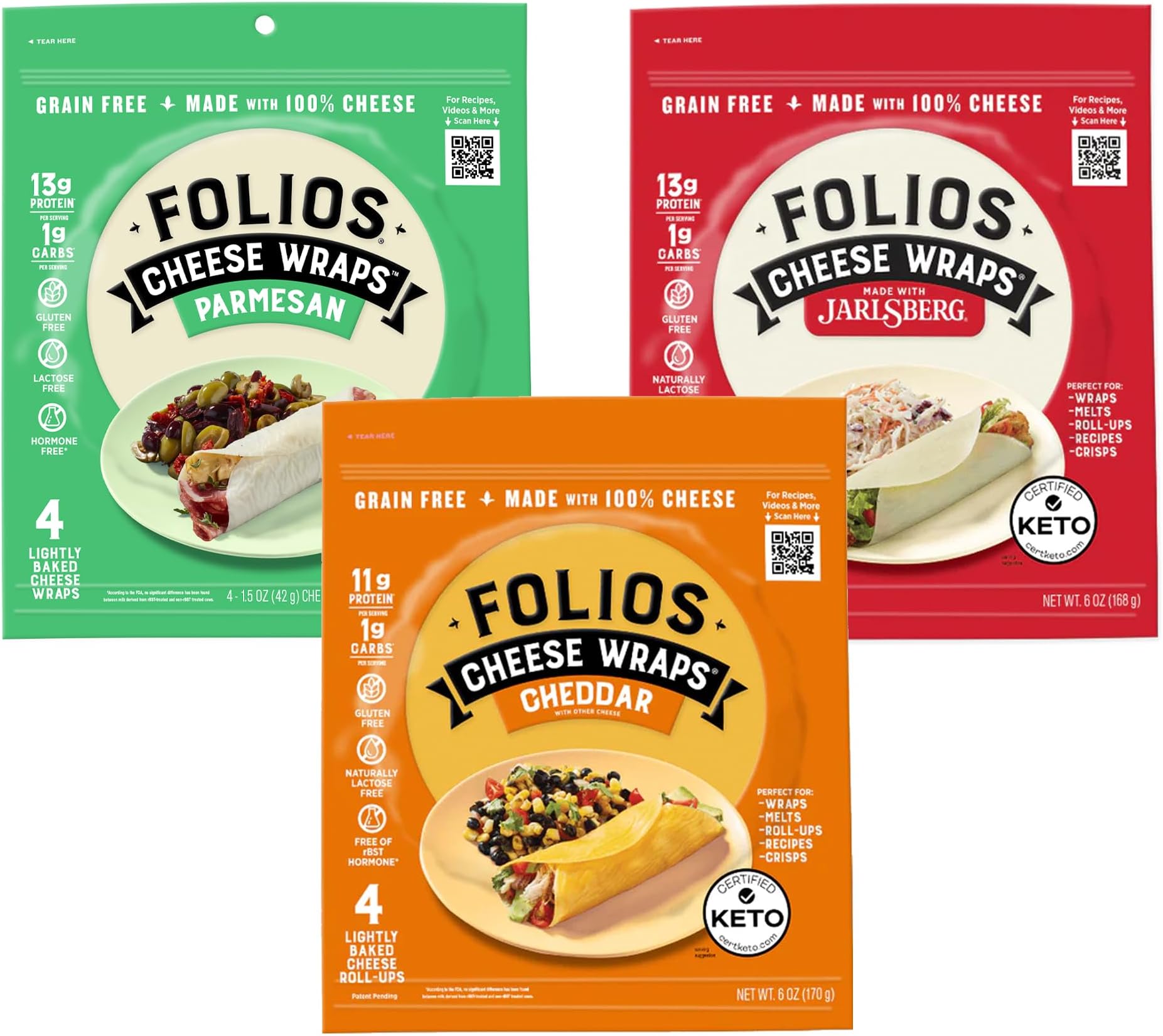 100% All Natural Cheese Wraps | Parmesan, Cheddar and Jarlsberg Flavor | Gluten Free, Grain Free and Naturally Lactose Free | Certified Keto | 1 gr of carbs, 3 Pack Variety
