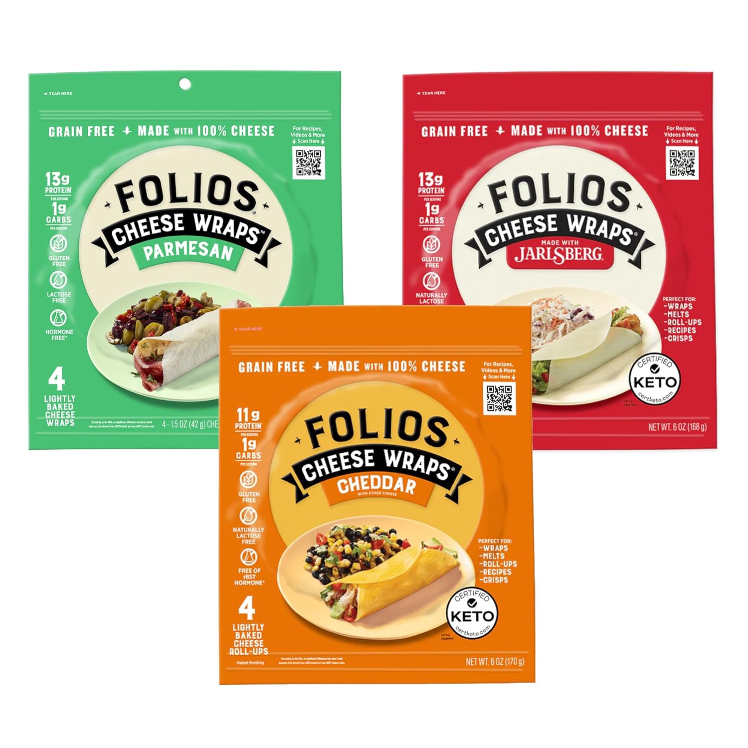 Folios 100% All Natural Cheese Wraps | Parmesan, Cheddar and Jarlsberg Flavor | Gluten Free, Grain Free and Naturally Lactose Free | Certified Keto | 1 gr of carbs, 3 Pack Variety