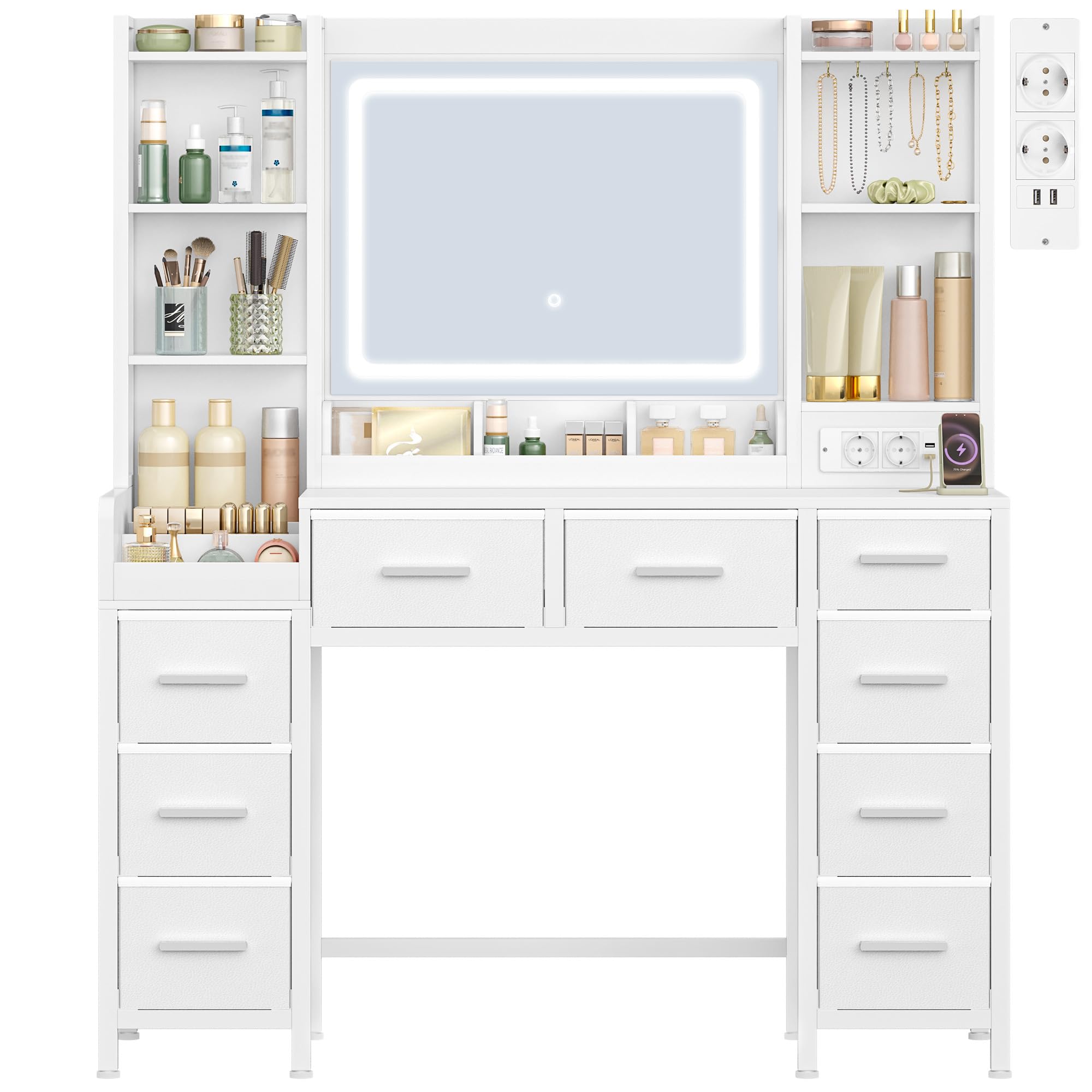 Hzuaneri 120 cm Toeletta con Specchio, Scrivania da Trucco, Toeletta con LED e Prese, 9 Cassetti, vani Portaoggetti Aperti, 40 x 120 x 141,5 cm, Bianco 1130103WEU