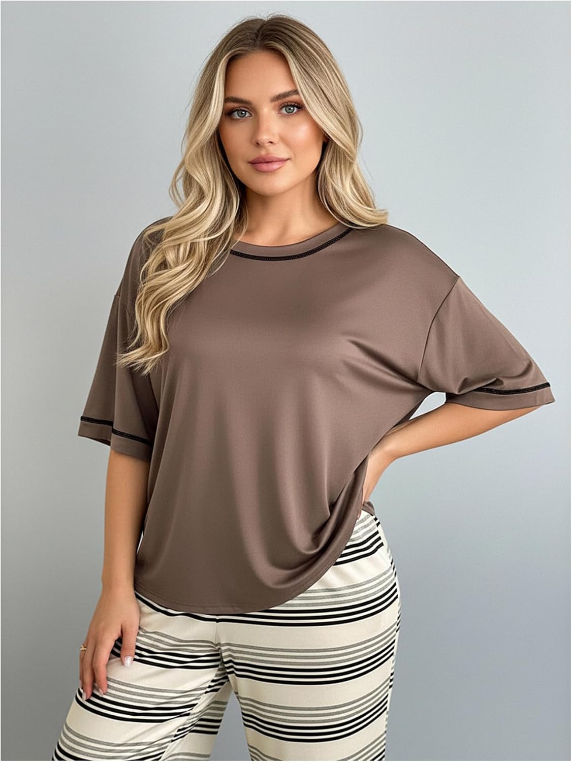 Women's Plus Size 2 Piece Pajama Set Summer Crew Neck Half Sleeve T Shirt and Striped Pants Loungewear - Image 3