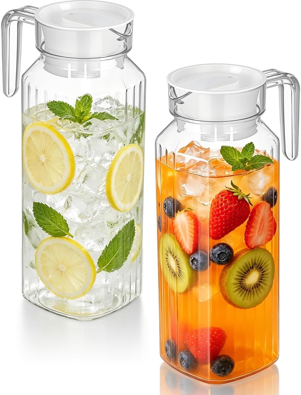 BESPORTBLE Plastic Pitcher with Lid 2 Pack 37oz Shatterproof Fridge Carafe | Slim Door-Shelf Fit, Easy Pour Spout, Comfortable Handle, Wide Mouth For Tea, Juice, Lemonade, Milk, Home Or Office