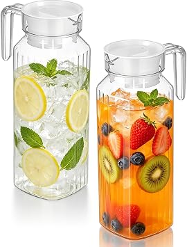 BESPORTBLE Plastic Pitcher with Lid 2 Pack 37oz Shatterproof Fridge Carafe | Slim Door-Shelf Fit, Easy Pour Spout, Comfortable Handle, Wide Mouth For Tea, Juice, Lemonade, Milk, Home Or Office