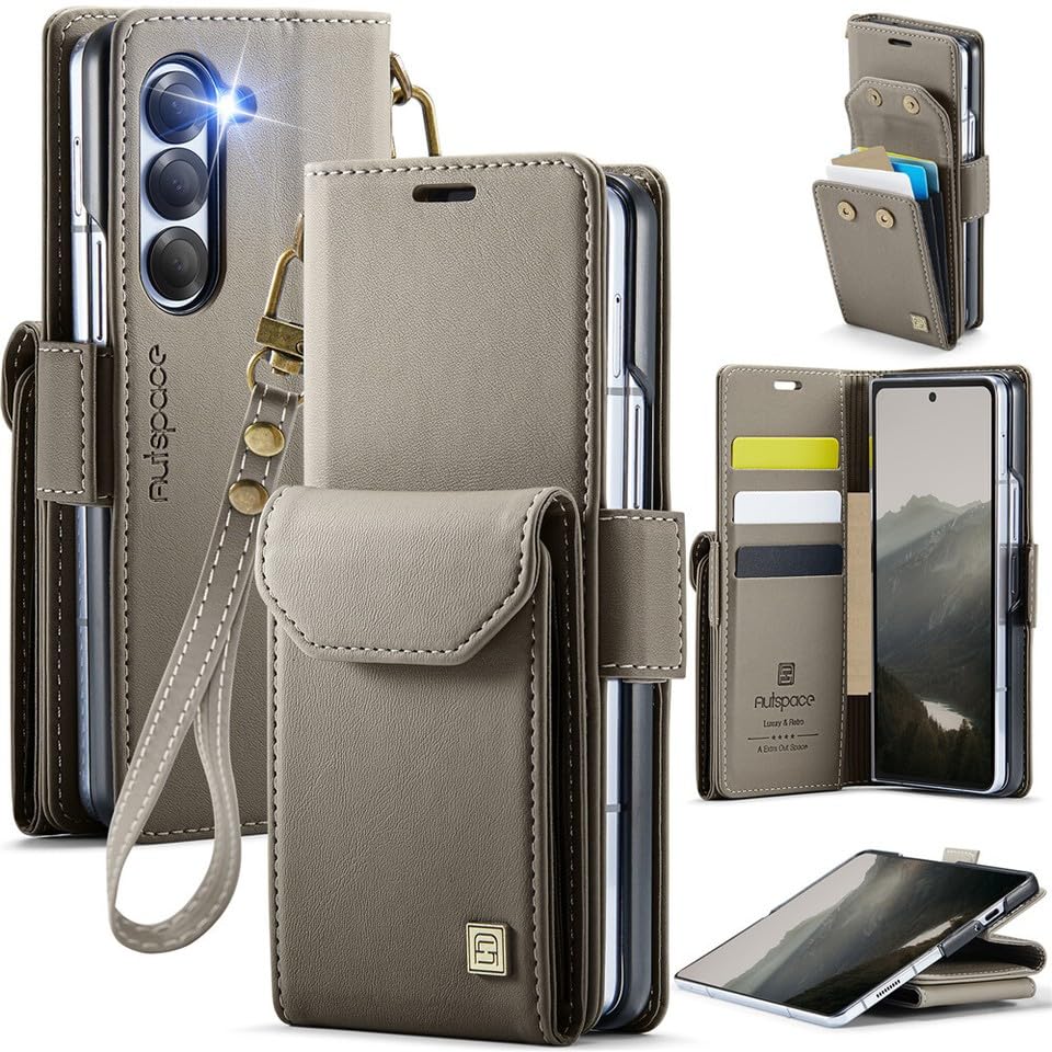 Étui en cuir pour Galaxy Z Fold 7 gris clapet magnétique élégant