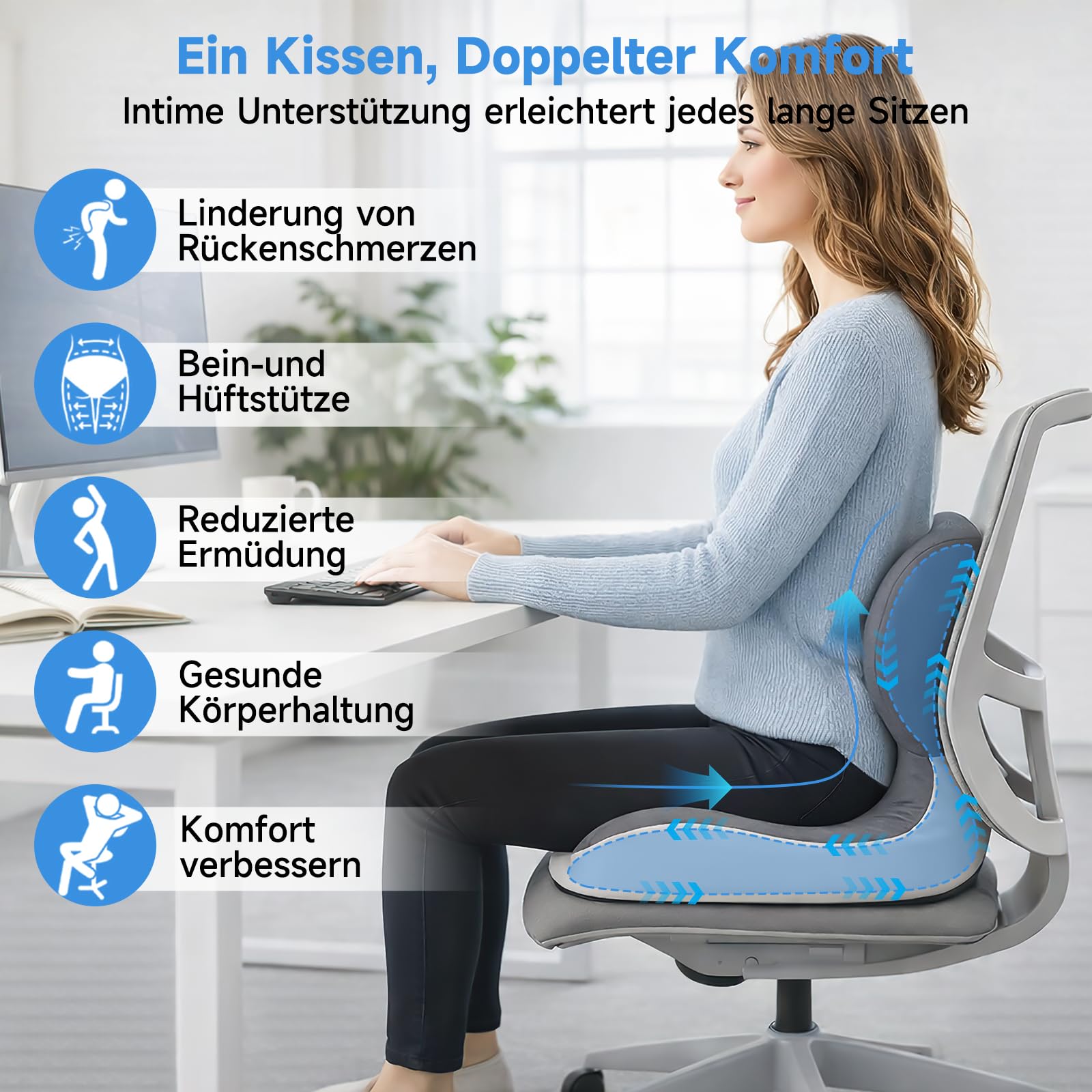 Cuscino ortopedico con schienale, cuscino ergonomico per schienale in memory foam, supporto lombare a forma di L, cuscino per sedia da ufficio, seggiolino, sedia a rotelle, ufficio, auto