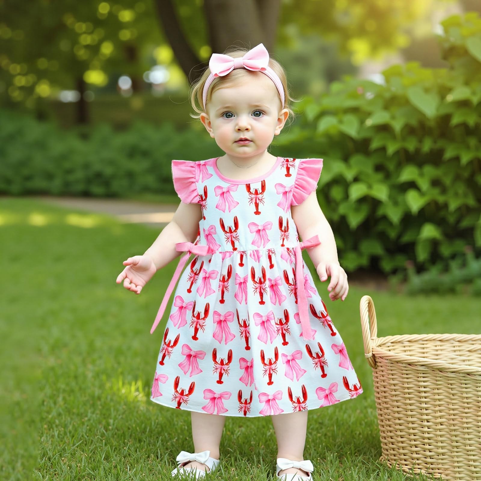 Toddler Baby Girl Lobster Outfits Crayfish Bow Fly Sleeve Crew Neck A-line Dress Infant Party Dress Summer Clothes (White, 3-4 Years)
