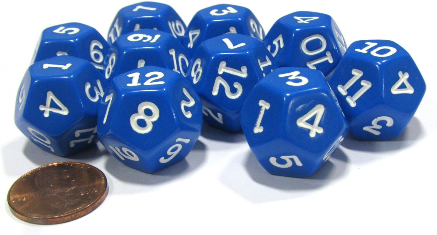 Set of 10 D12 12-Sided 18mm Opaque RPG Dice - Blue with White Numbers