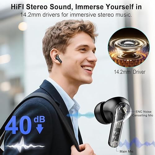 Miniatura 2 de Auriculares inalámbricos, auriculares Bluetooth 5.4 HiFi Stereo, auriculares con 4 micrófonos ENC con cancelación de ruido, auriculares Bluetooth