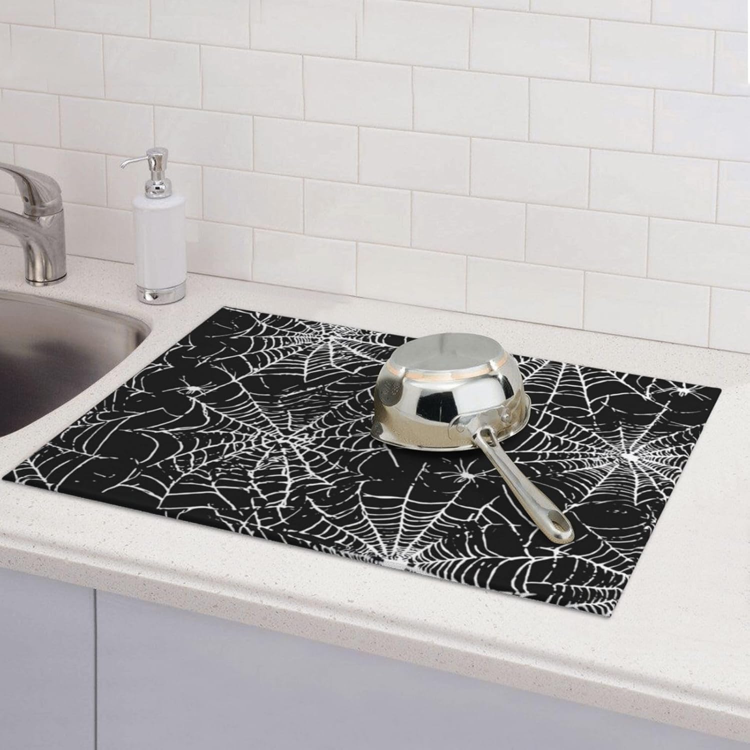 Dish Drying Mat Halloween Spider Web Pattern for Kitchen Counter Absorbent 18x24 Inch Microfiber Dishes Plate Glass Dry Draining Pad Reversible Washable