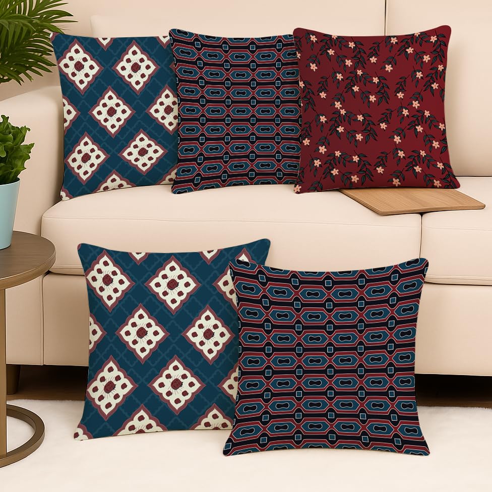 BRICK HOME Set of 5 Polycotton Printed Cushion Covers 24x24 Inches | Ethnic Geometric & Floral Pattern | Navy Blue, Maroon & Off-White | Soft Decorative Pillow Covers for Sofa, Couch & Living Room