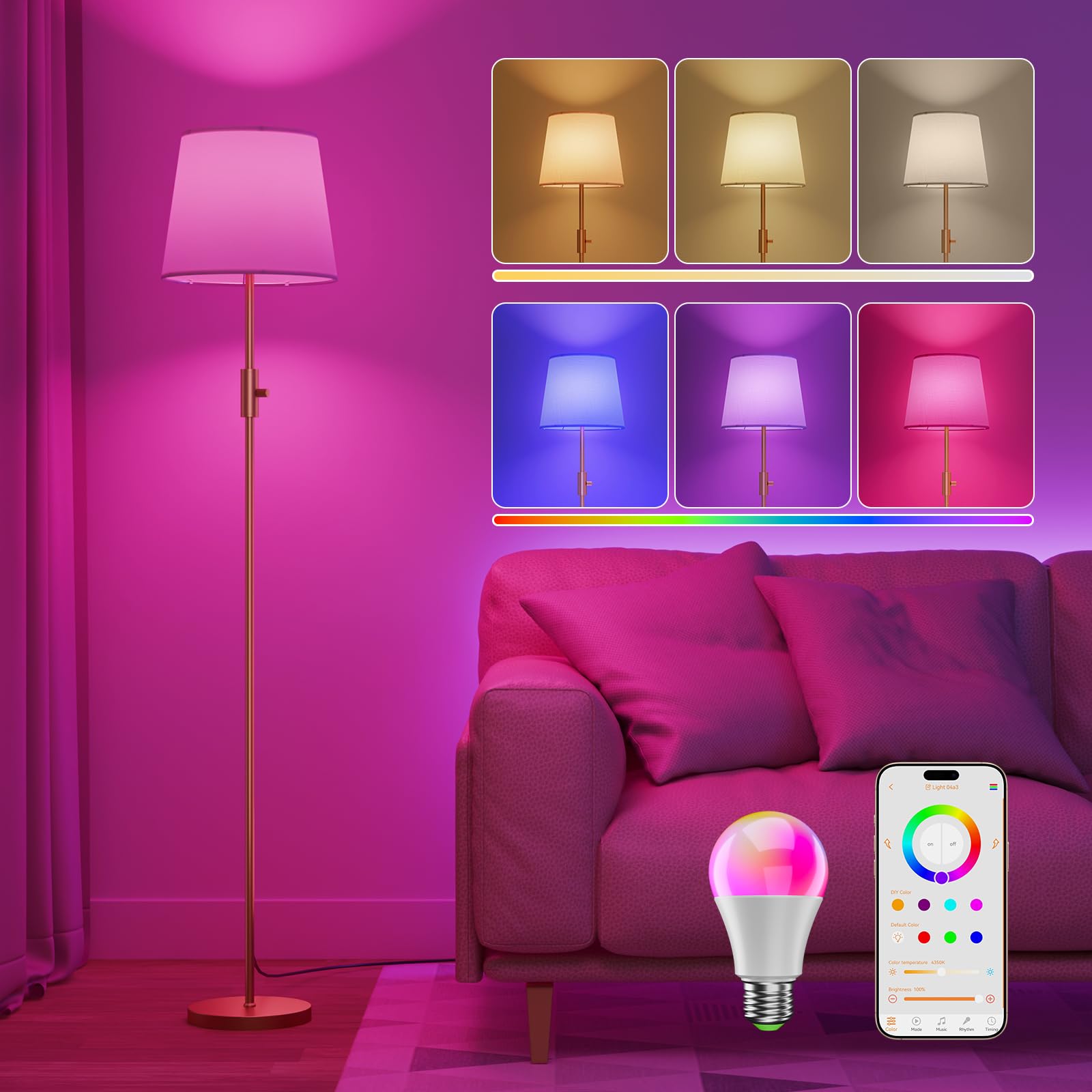 DUSKTEC Smart Alexa Floor Lamp for Living Room, RGB Colour Changing, Dimmable Standing Lamp Warm & Cold White, Standard Lamps with Fabric Lampshade for Bedroom Kids Room, Bulb Included (Gold)