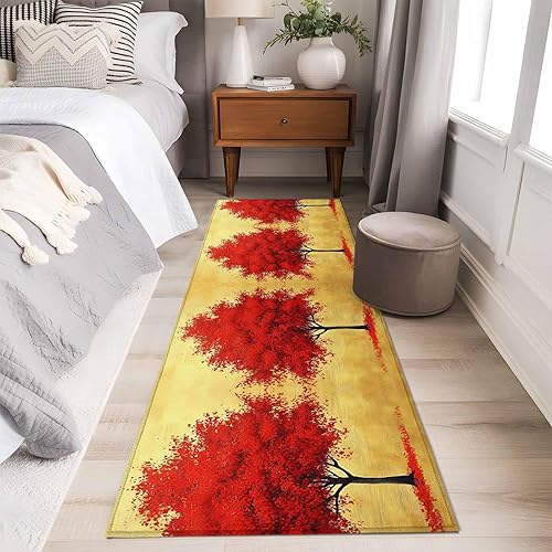 Miniatura 5 de 2x6 Kitchen Runner Rug, Red Tree Non-Skid Rubber Backing Large Rectangle Rugs - Living Room Bedroom Home Office, Autumn Leaves Retro Watercolor
