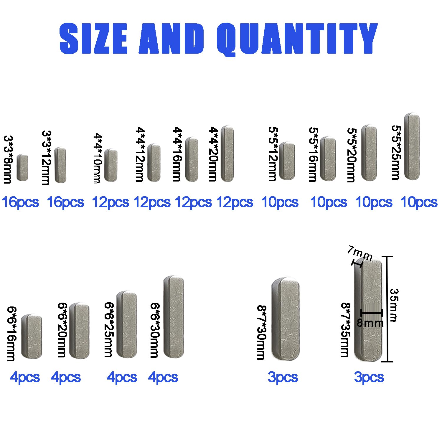 WeqeYent 142 Pcs Round Ended Feather Key Set, 8mm-35mm 16 Sizes Parallel Drive Shaft Keys Stock Assortment for Fasteners Mechanical Industr - Image 2