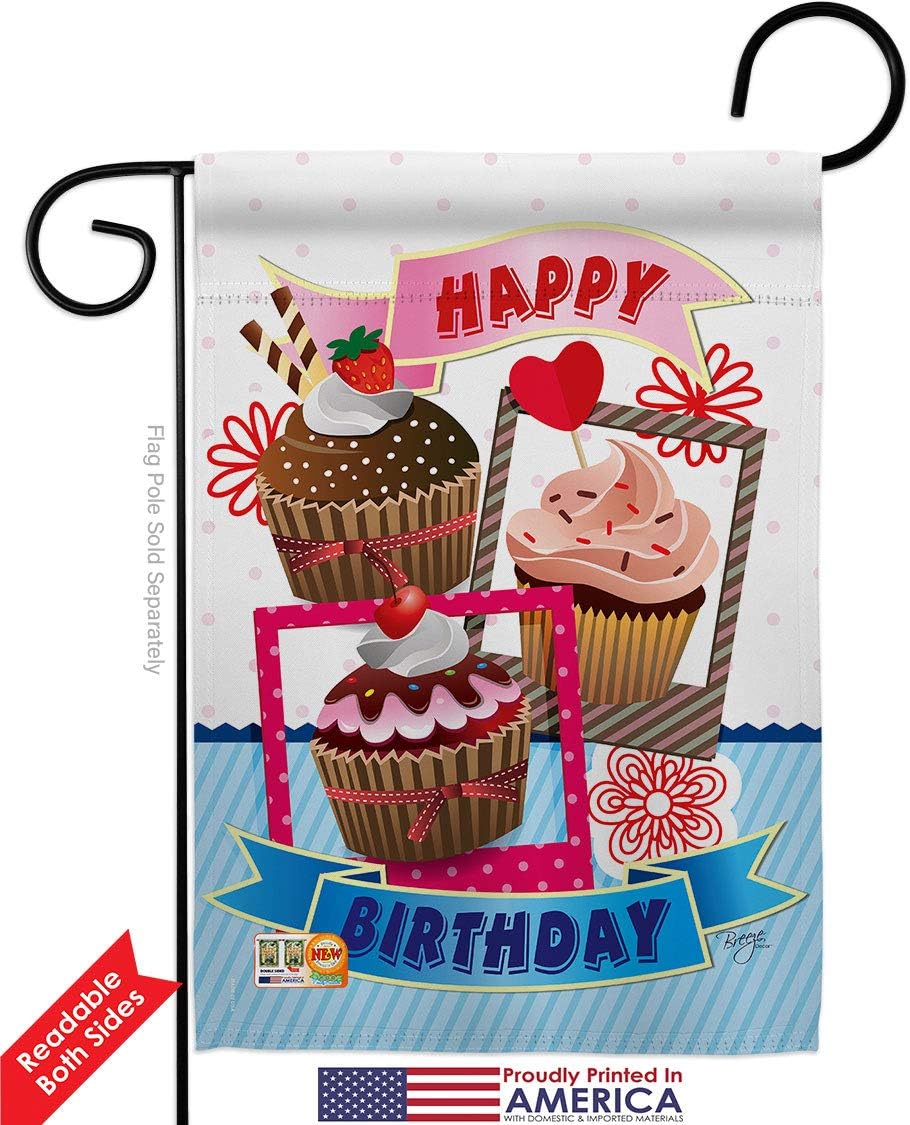 Birthday Cupcake Garden Flag Set Wall Holder Celebration Cake Gift Present Candy Bouquet Occasion Anniversary Party Small Decorative Yard House Banner Double-Sided Made In USA 13 X 18.5