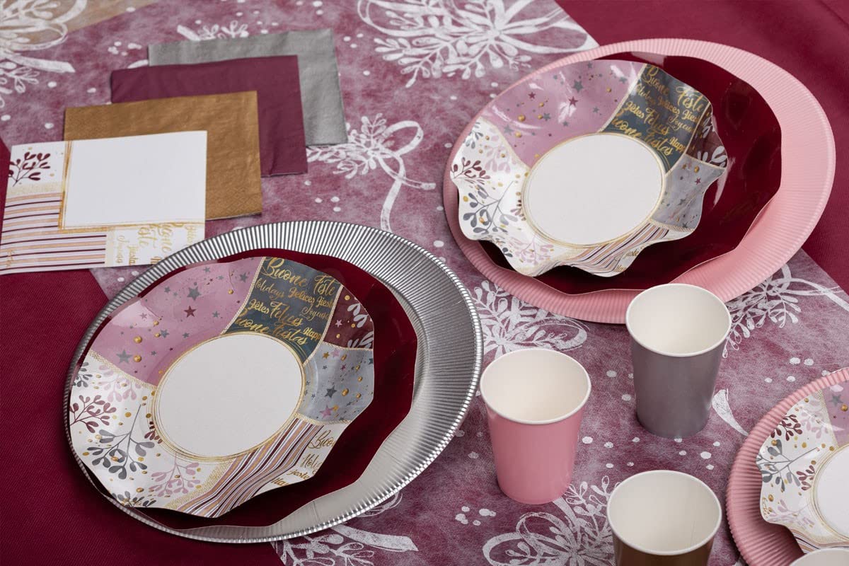 Kit de table de Noël Rose Gold Christmas pour 8 personnes avec 8 assiettes creuses de 24 cm à 18,5 cm, 8 assiettes plates de 27 à 24 à 21 cm, 8 gobelets en papier de 250 cc et 20 serviettes de table