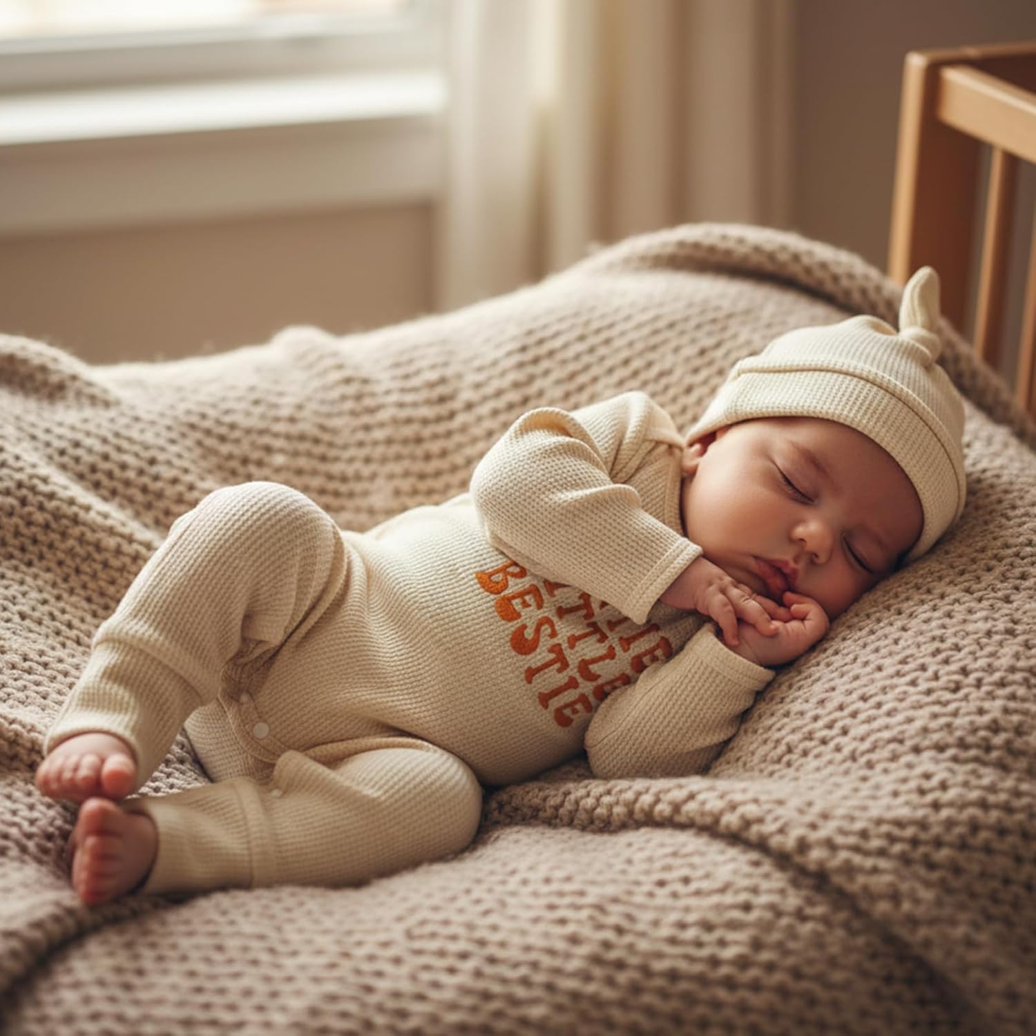 Aunties Bestie Newborn Outfit Baby Boy Fall Winter Clothes Long Sleeve Letter Romper Waffle Jumpsuit with Hat - Image 3