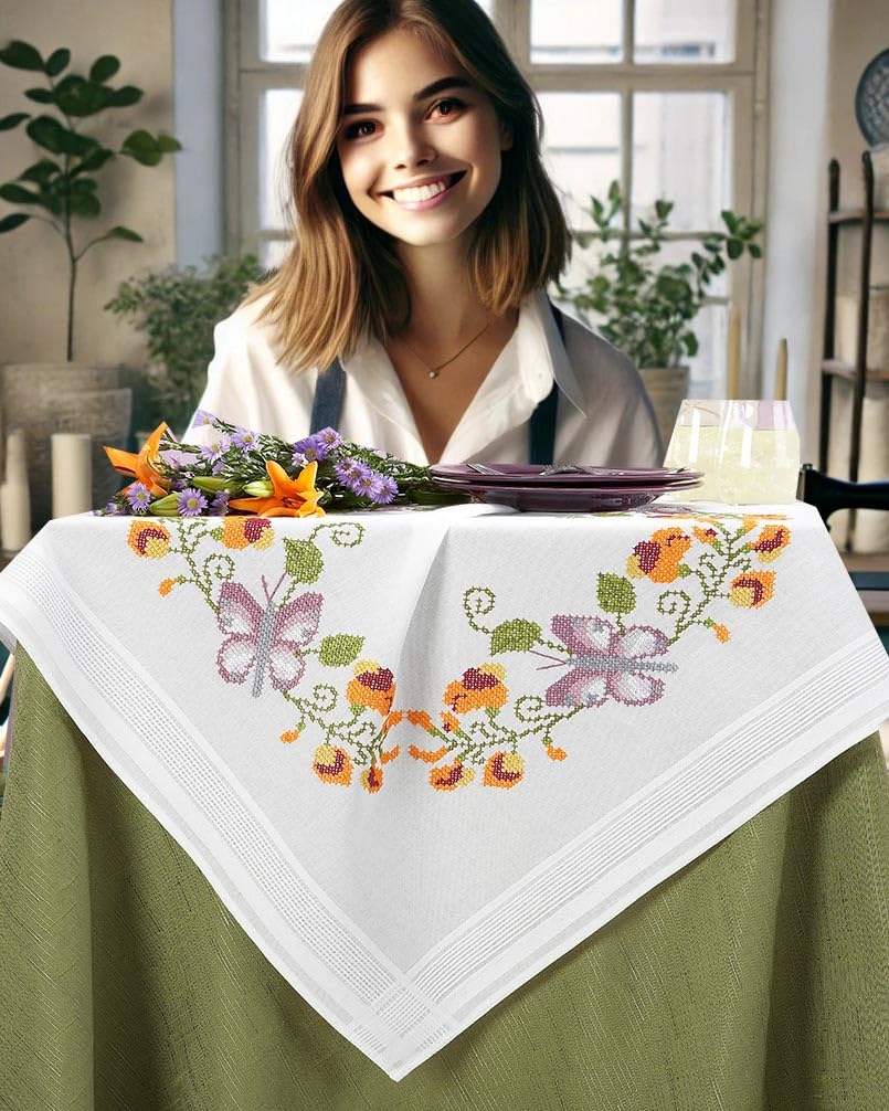 Kit Broderie Point De Croix Kamaca - Chemin De Table Noël Oiseaux 40x100cm Pré-imprimé Coton