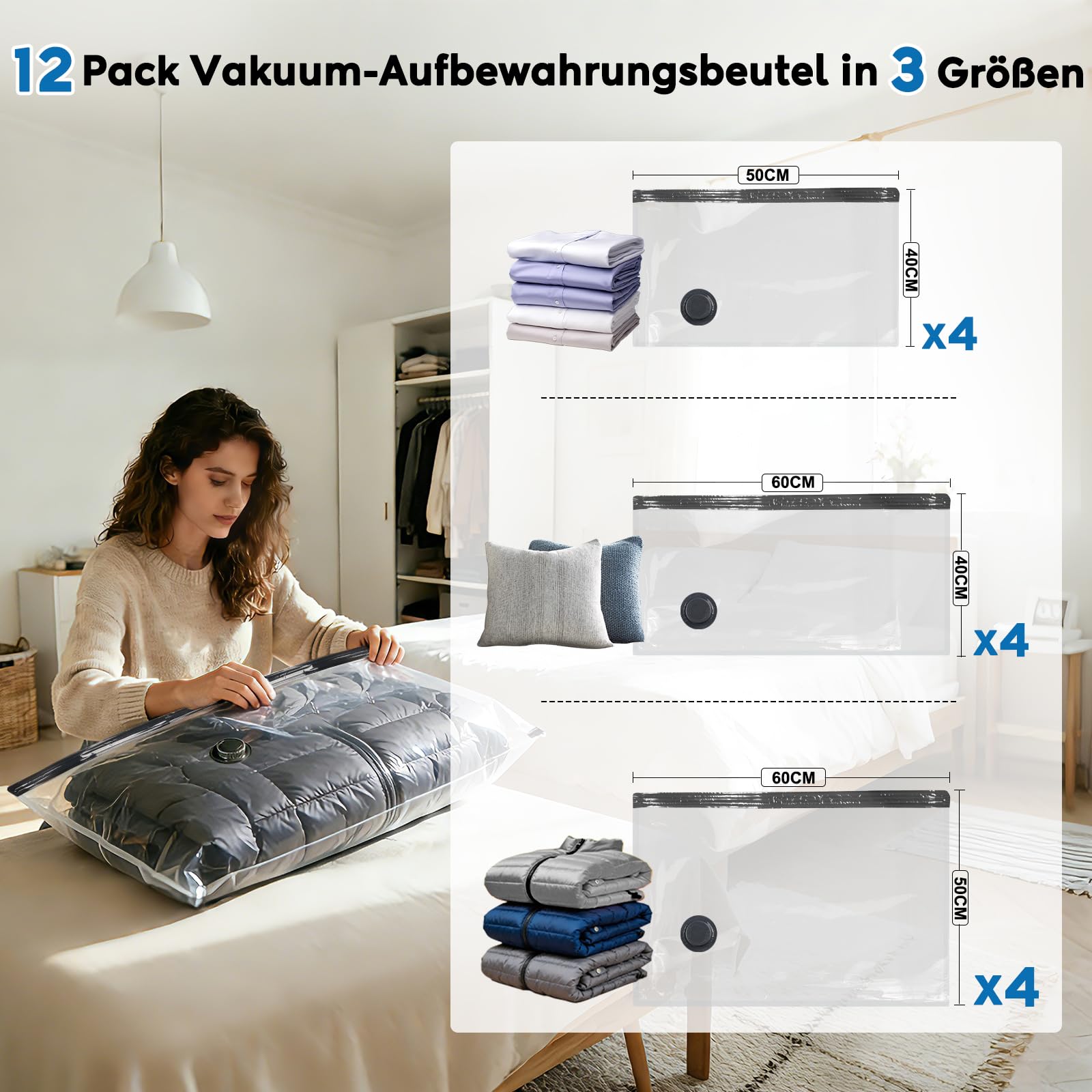 Reise Vakuumbeutel für Kleidung mit Kabellose Elektrischer -60000Pa Pumpe, 12 Stück Vacuum Storage Bags in 3 Größen(40 * 50/40 * 60/50 * 60CM), Sparen 80% Platz für Reisegepäck und Lagerung