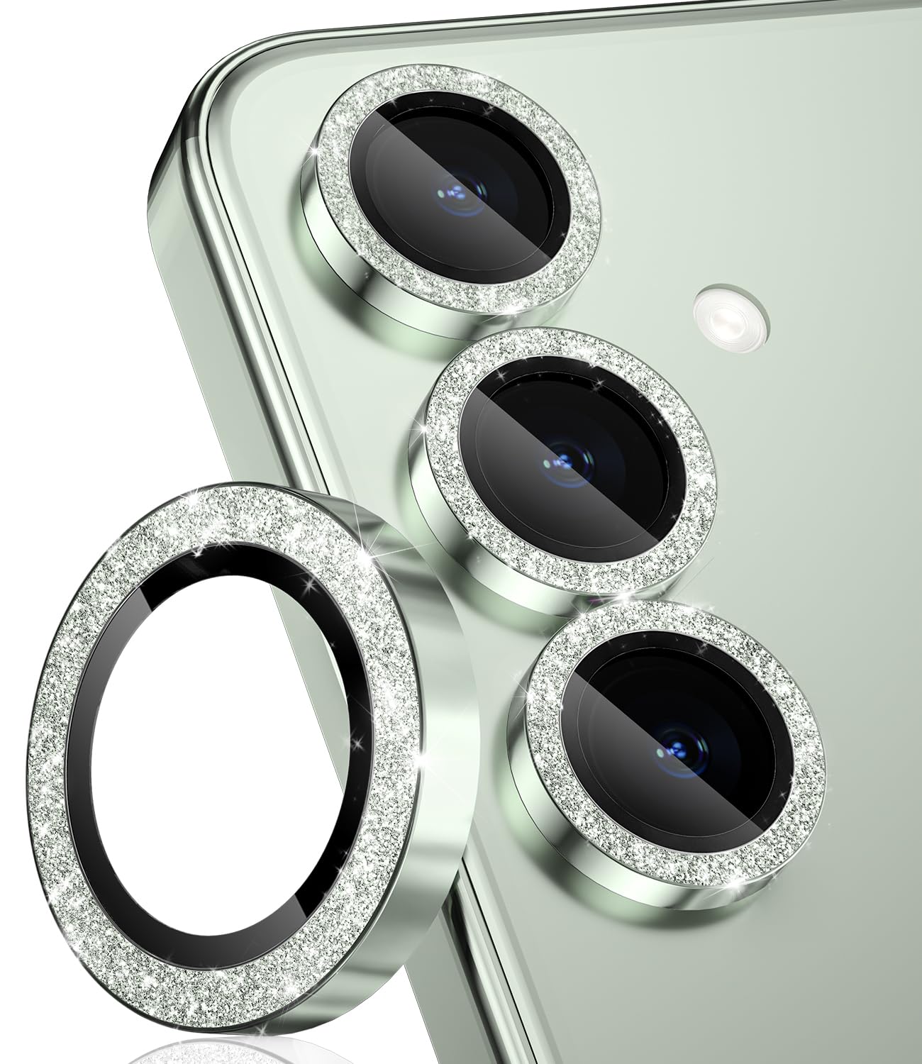 CloudValley for Samsung Galaxy S25 Camera Lens Protector Bling, 9H Tempered Glass + Aluminum Alloy Metal Individual Lens Protective Ring [Glitter