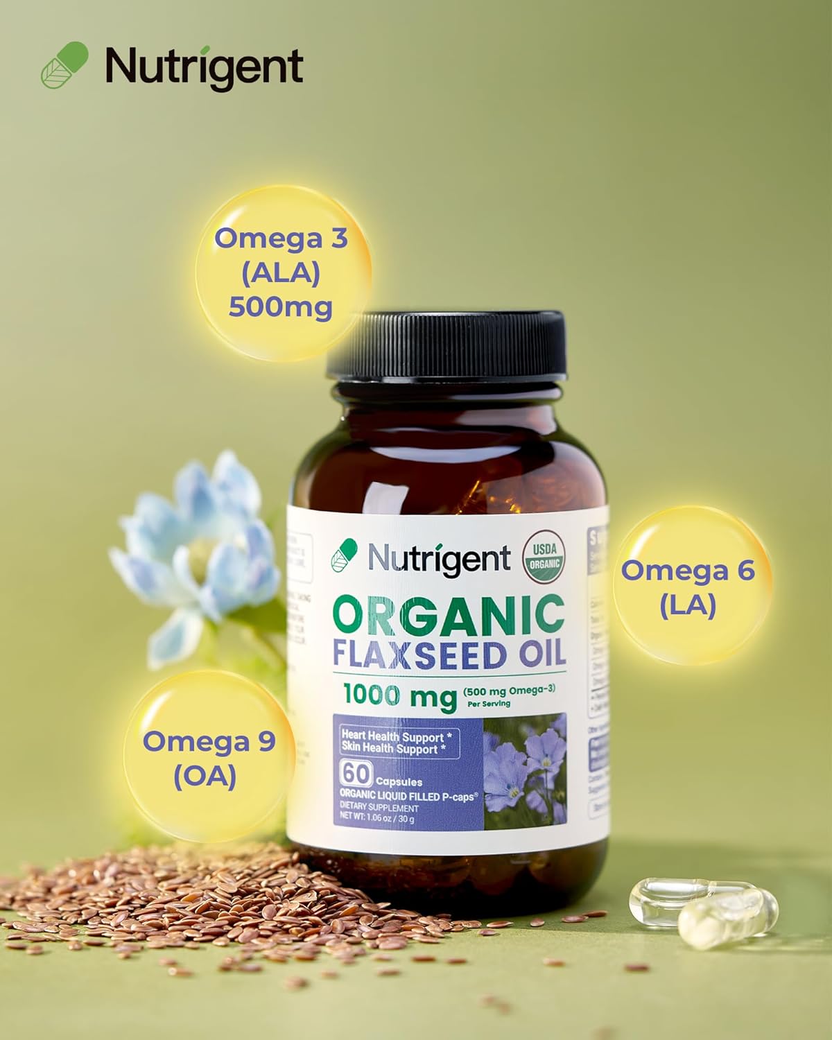 USDA Certified Organic Flaxseed Oil 1000 mg, Cold Pressed 100% Pure with Plant-Based Omega 3 ALA Essential Fatty Acids for Heart & Skin Health, 60 Capsules - Image 2