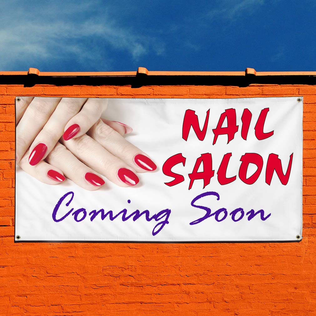 Cartel de vinilo para salón de uñas Coming Soon Business Outdoor Marketing Publicidad Blanco – 61 x 152 cm, 4 ojales, una pancarta