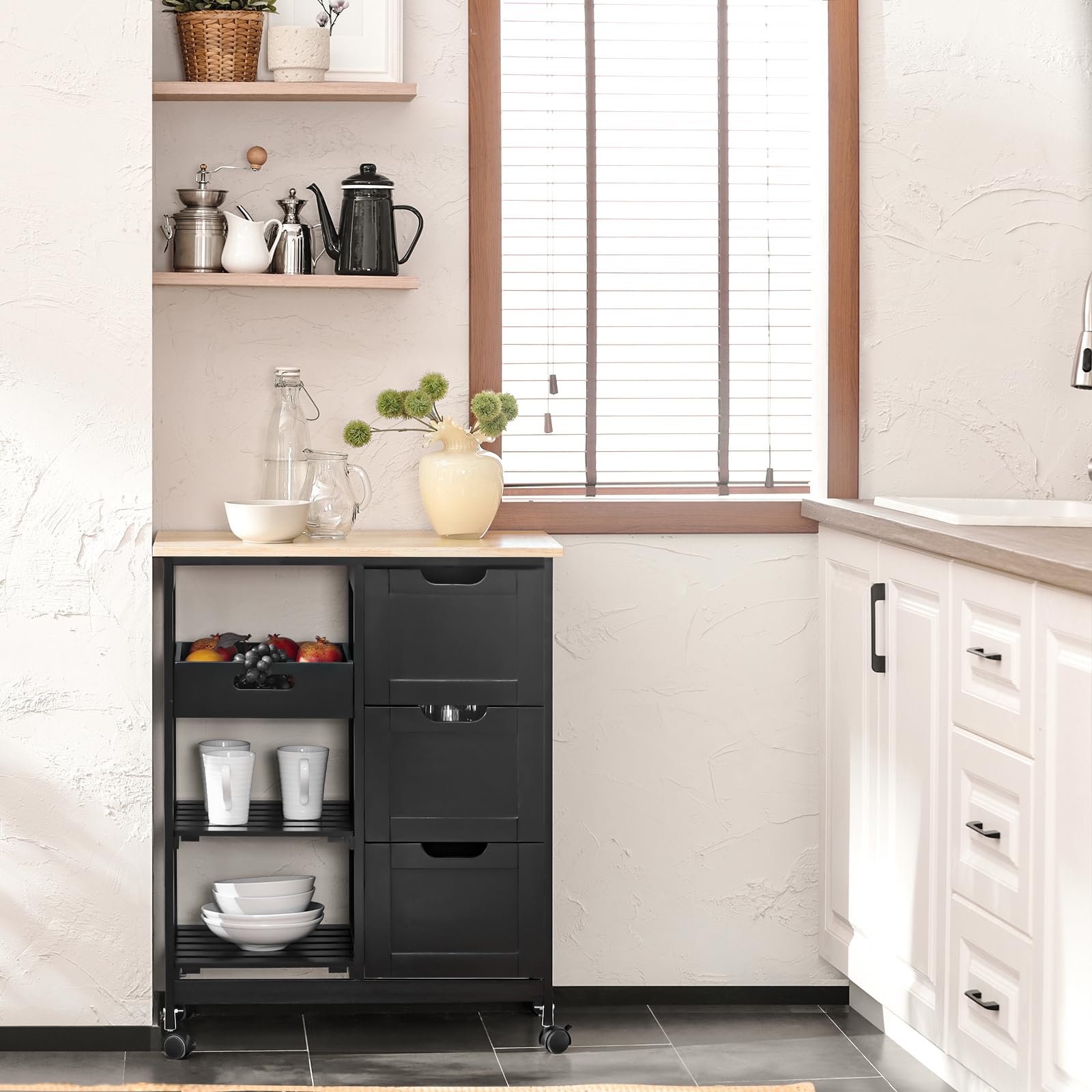 SoBuy Carrito Auxiliar con Ruedas, Carrito Cocina con 3 Cajones y 3 Estantes, Mueble Auxiliar de Cocina, Mueble Cocina Auxiliar Negro 67x37x84,5 cm, FKW79-SCH